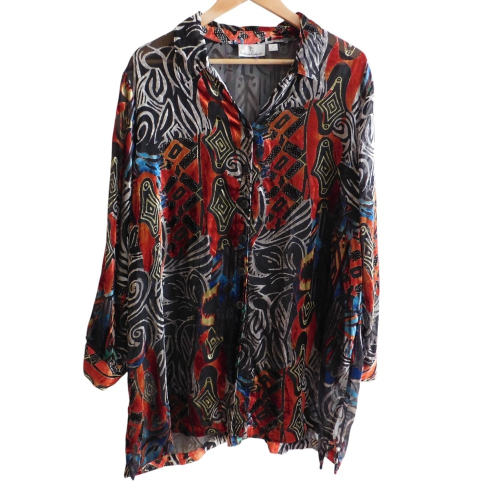 TCC Womens Whimsygoth Velvet Burnout Paisley Animal Print Sheer Tunic Top Sz 1X